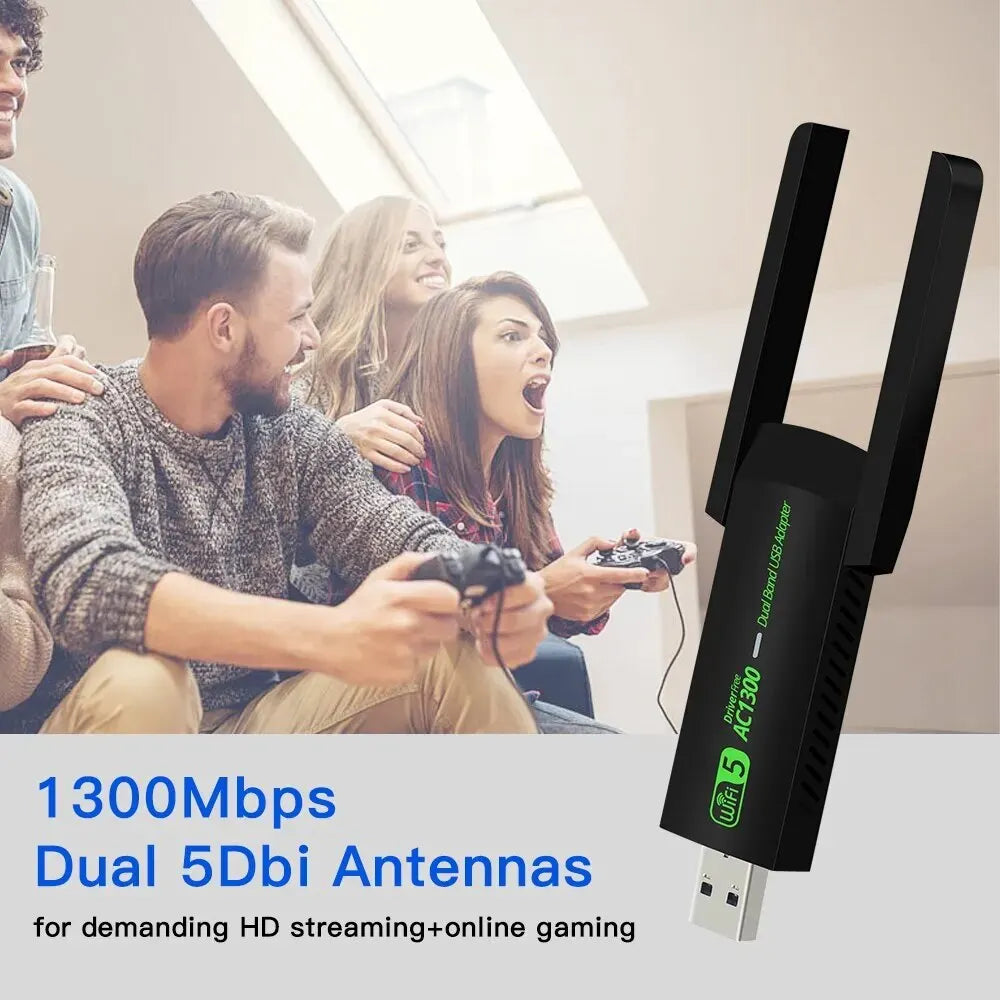 Adaptador USB WiFi 1300Mbps Banda Dupla 2.4G/5Ghz Dongle Wi-Fi 802.11AC Antena Potente Receptor Sem Fio Para PC/Laptop Driver Grátis