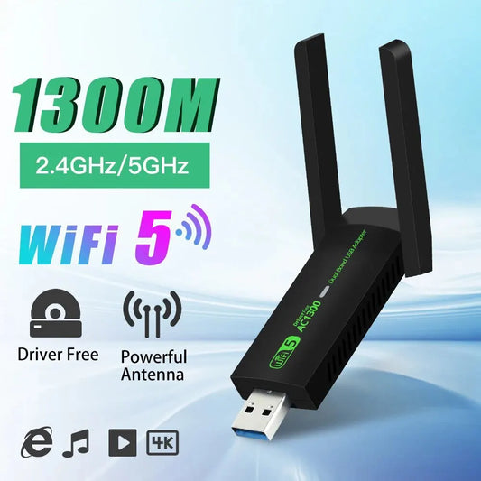 Adaptador USB WiFi 1300Mbps Banda Dupla 2.4G/5Ghz Dongle Wi-Fi 802.11AC Antena Potente Receptor Sem Fio Para PC/Laptop Driver Grátis