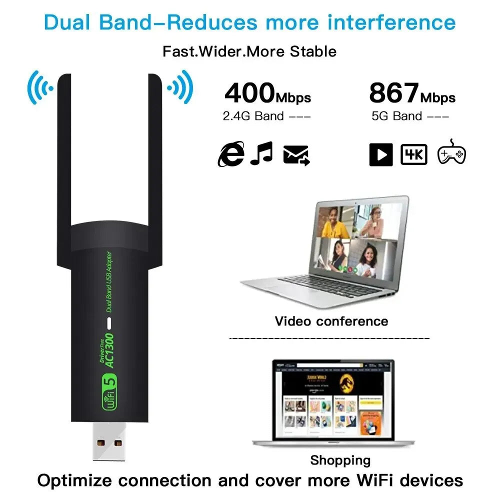 Adaptador USB WiFi 1300Mbps Banda Dupla 2.4G/5Ghz Dongle Wi-Fi 802.11AC Antena Potente Receptor Sem Fio Para PC/Laptop Driver Grátis